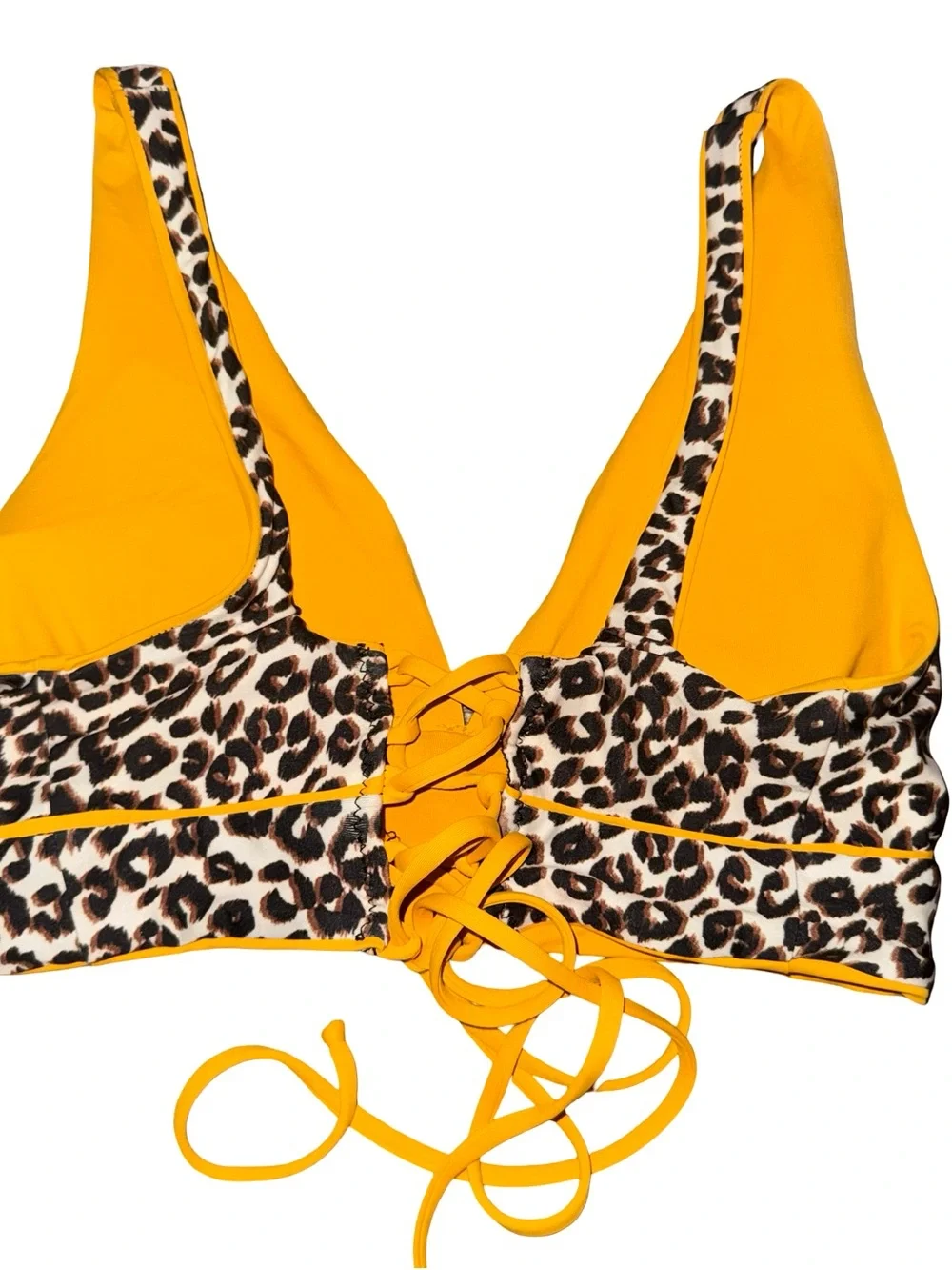 Becca Leopard Print Halter Bikini Top Yellow trim‎ Y2K Beachy Boho Swim